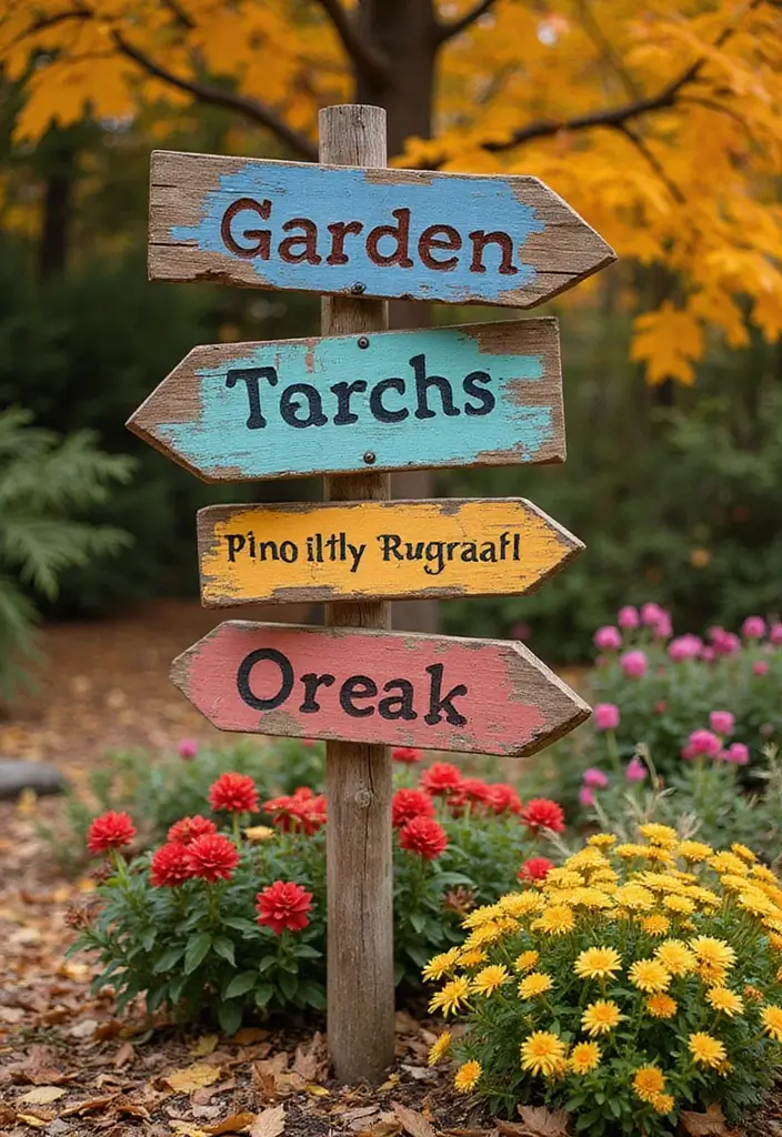 20 Colorful Fall Garden Decor Ideas That Will Brighten Your Days (Check Out #3!) - 6. Charming Rustic Signage
