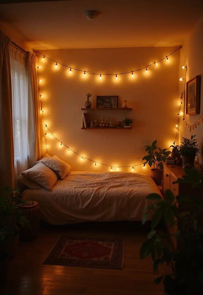 20 Aesthetic Bedroom Ideas for Small Spaces That Will Transform Your Single Bed! - 15. String Lights for a Cozy Glow