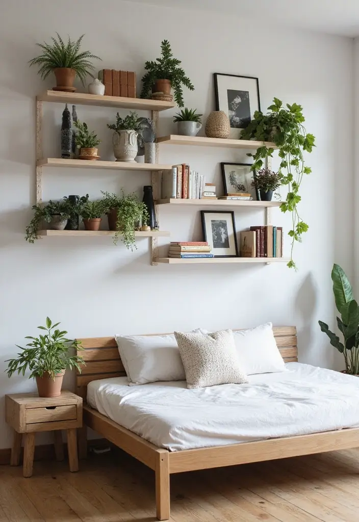 20 Aesthetic Bedroom Ideas for Small Spaces That Will Transform Your Single Bed! - 2. Wall-Mounted Shelves for Storage and Style