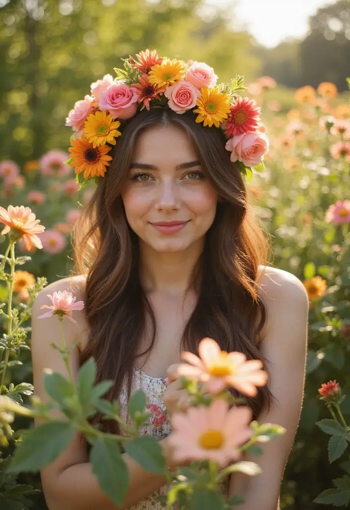 20 Aesthetic Photoshoot Ideas in Your Garden That Will Leave You Breathless! - 1. Flower Crown Dreams