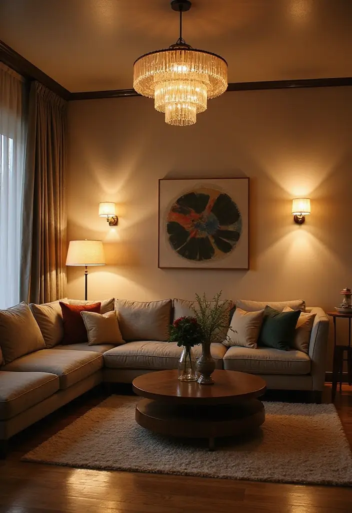 20 Cozy Mid Century Modern Living Room Ideas That'll Make You Feel Right at Home! - 14. Layered Lighting Sources