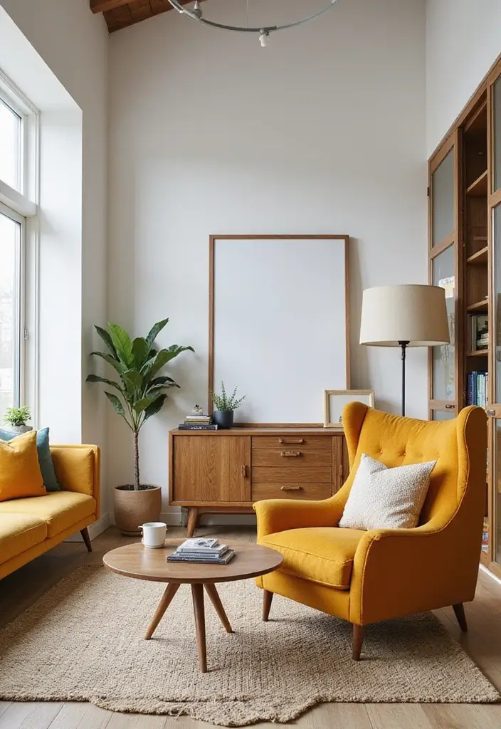 20 Cozy Mid Century Modern Living Room Ideas That'll Make You Feel Right at Home! - 15. Neutral Palettes with Pops of Color