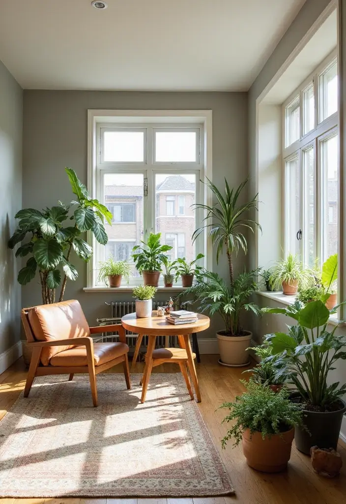 20 Cozy Mid Century Modern Living Room Ideas That'll Make You Feel Right at Home! - 19. Grounding Elements Like Indoor Plants