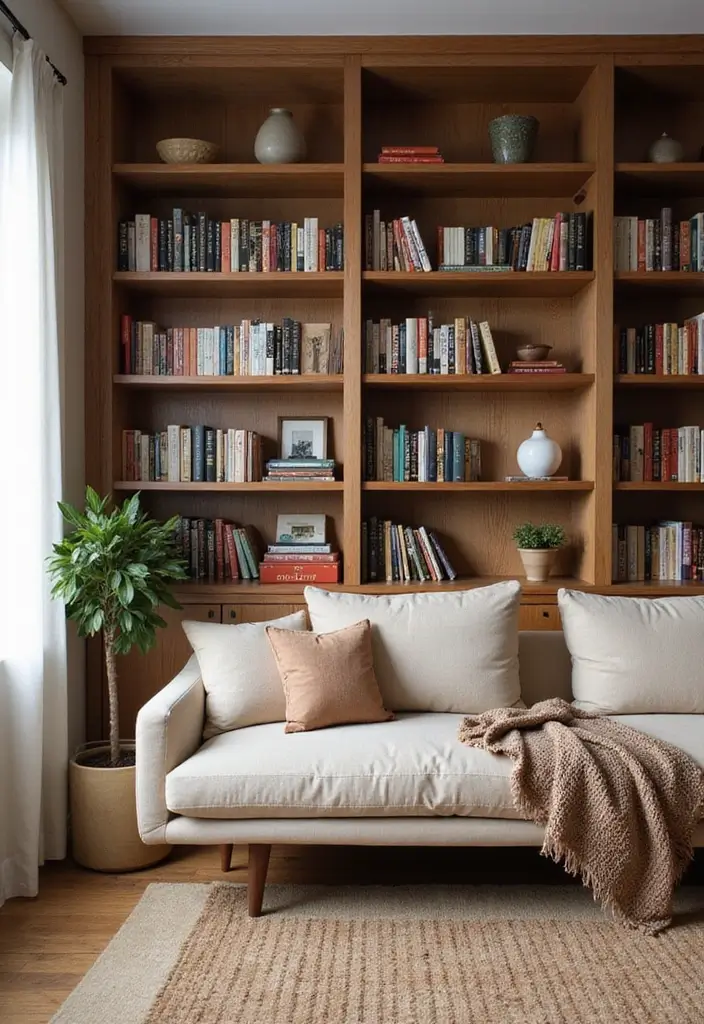 20 Cozy Mid Century Modern Living Room Ideas That'll Make You Feel Right at Home! - 6. Built-In Bookshelves for a Cozy Library Feel