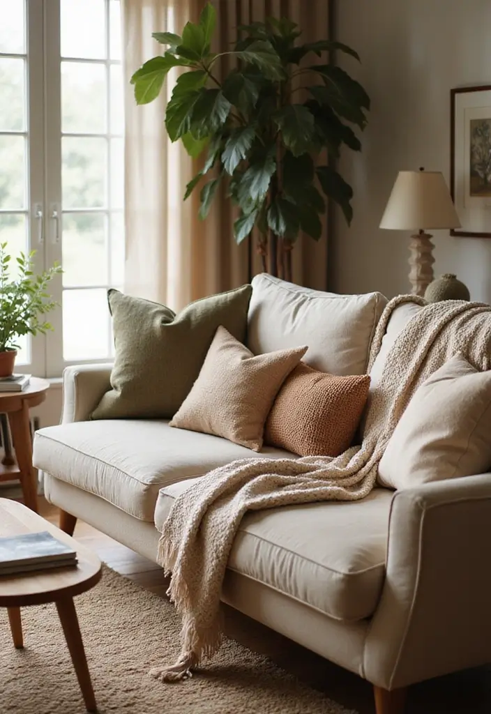 20 Cozy Mid Century Modern Living Room Ideas That'll Make You Feel Right at Home! - 8. Soft Fabrics and Cushions