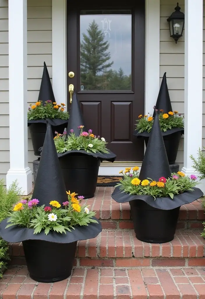 20 Cute Halloween Porch Decorations DIY That Will Make Your Neighbors Jealous! - 15. Witch Hat Planters