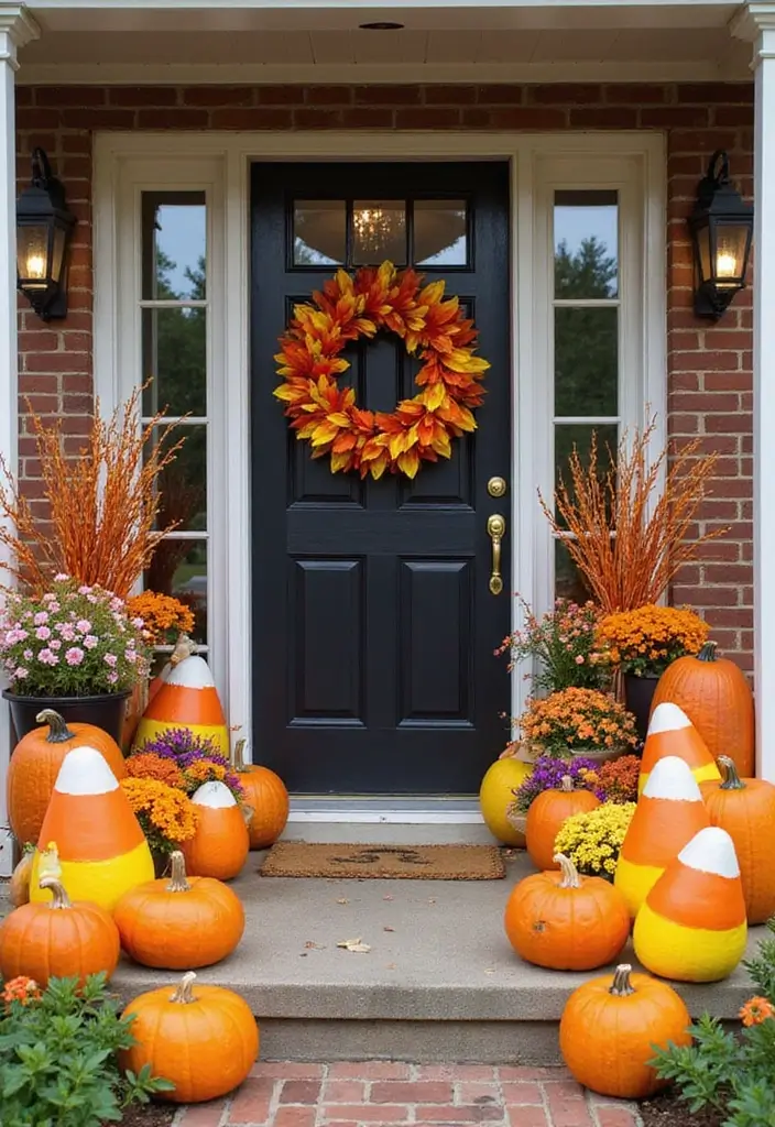 20 Cute Halloween Porch Decorations DIY That Will Make Your Neighbors Jealous! - 16. Kooky Candy Corn Decorations