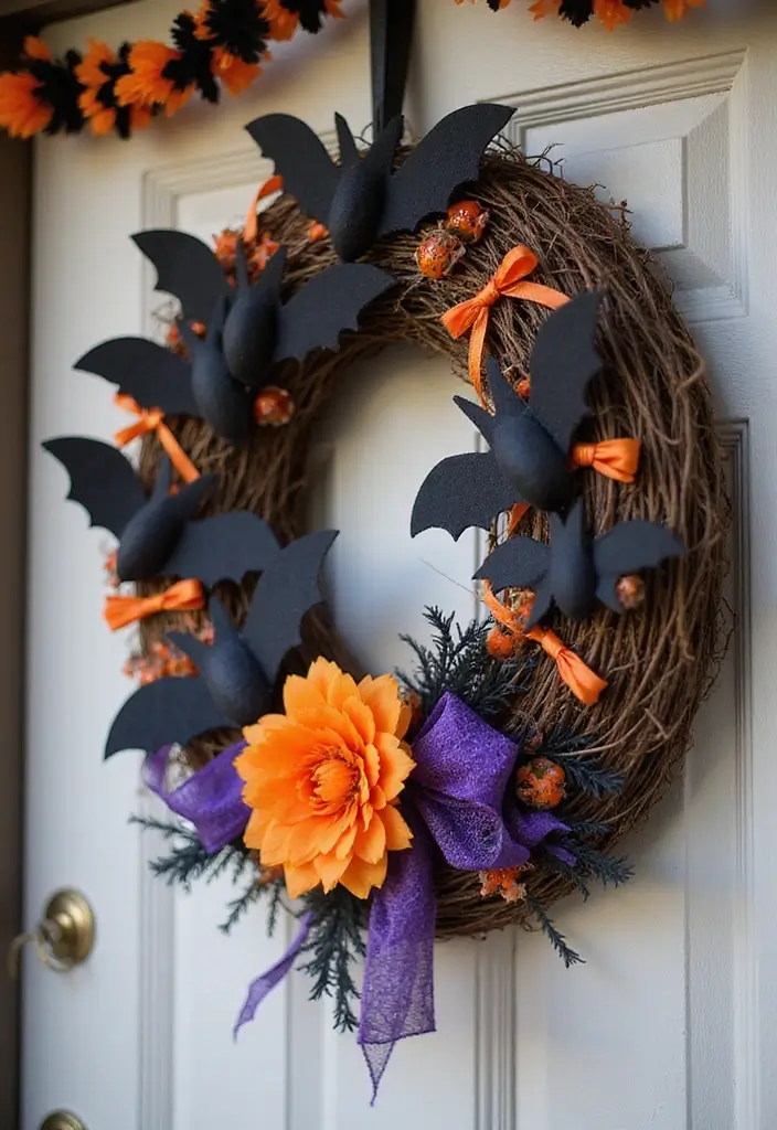 20 Cute Halloween Porch Decorations DIY That Will Make Your Neighbors Jealous! - 3. Wreath of Bats