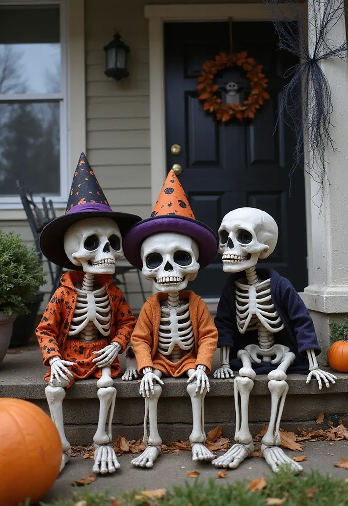 20 Cute Halloween Porch Decorations DIY That Will Make Your Neighbors Jealous! - 8. Friendly Skeletons