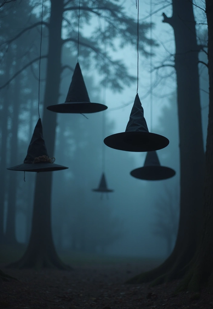 20 Cute and Easy DIY Halloween Decorations That Will Spook Your Friends! - 11. Eerie Floating Witch Hats