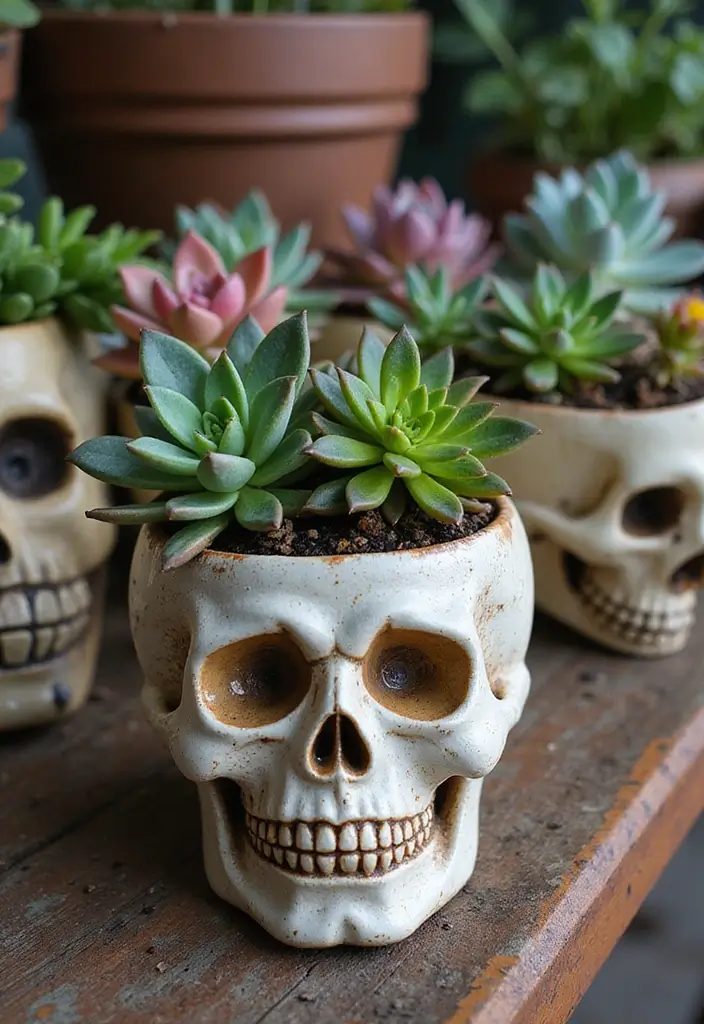 20 Cute and Easy DIY Halloween Decorations That Will Spook Your Friends! - 17. Scary Skull Planters