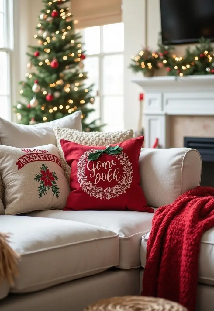 20 DIY Home Christmas Decor Ideas That Won't Break the Bank (You’ll Love #5!) - 20. Festive Holiday Pillows