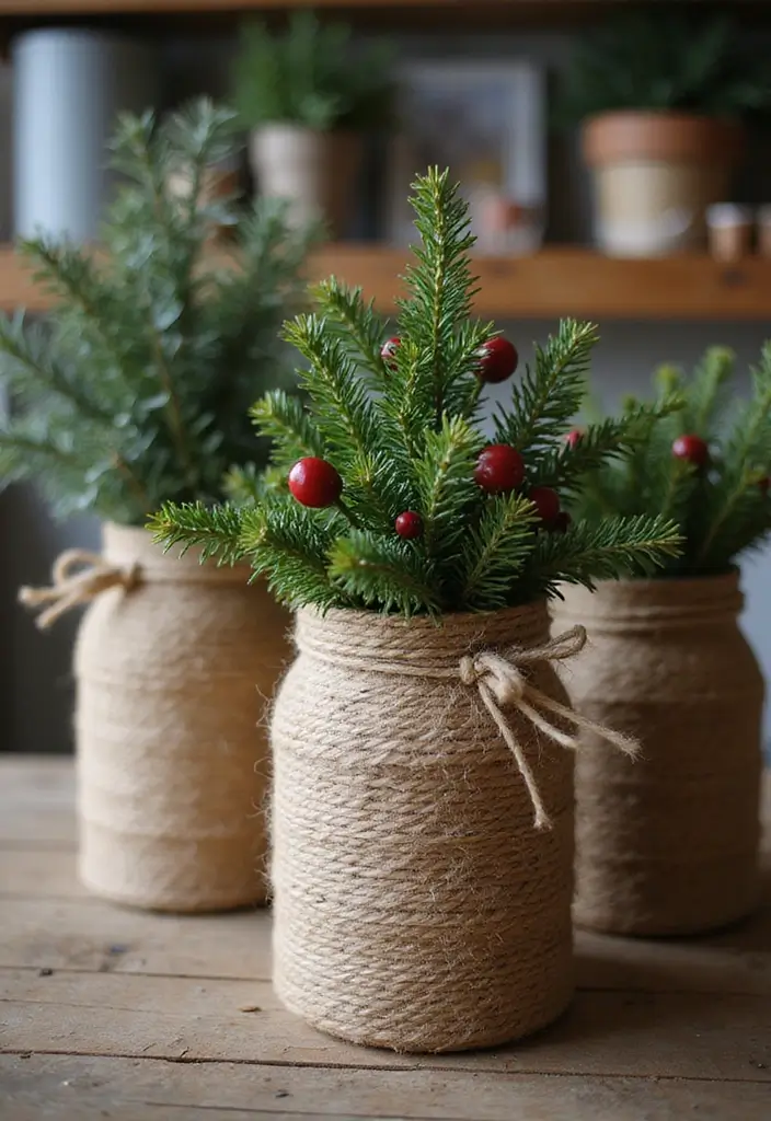 20 DIY Home Christmas Decor Ideas That Won't Break the Bank (You’ll Love #5!) - 6. Simple Twine-Wrapped Vases
