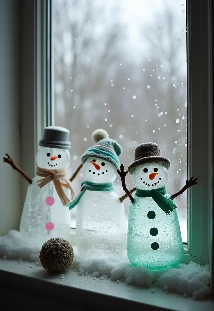 20 Easy and Fun DIY Christmas Decor Ideas on a Budget (Your Windows Will Sparkle!) - 12. Upcycled Bottle Snowmen