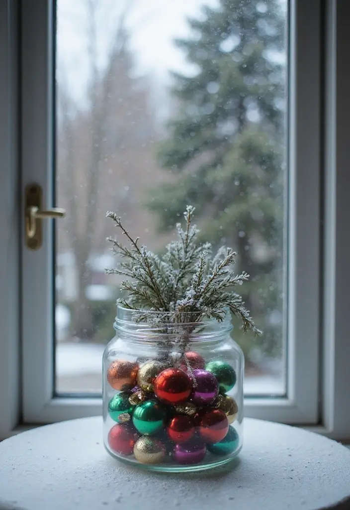 20 Easy and Fun DIY Christmas Decor Ideas on a Budget (Your Windows Will Sparkle!) - 14. Decorative Ornaments Jar