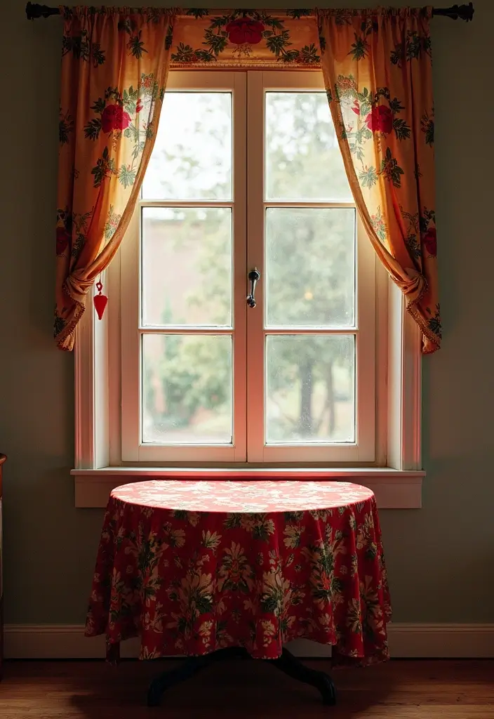 20 Easy and Fun DIY Christmas Decor Ideas on a Budget (Your Windows Will Sparkle!) - 15. Holiday Themed Tablecloth as a Window Cover