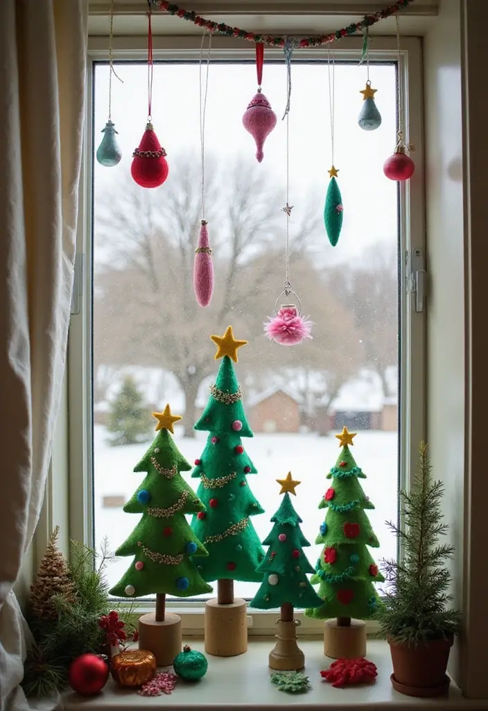 20 Easy and Fun DIY Christmas Decor Ideas on a Budget (Your Windows Will Sparkle!) - 17. Felt Christmas Trees