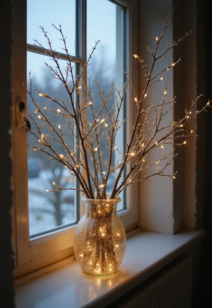 20 Easy and Fun DIY Christmas Decor Ideas on a Budget (Your Windows Will Sparkle!) - 6. Glittery Branch Displays