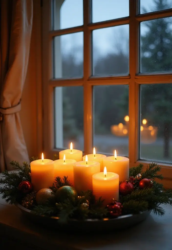 20 Easy and Fun DIY Christmas Decor Ideas on a Budget (Your Windows Will Sparkle!) - 7. Candlelit Window Display