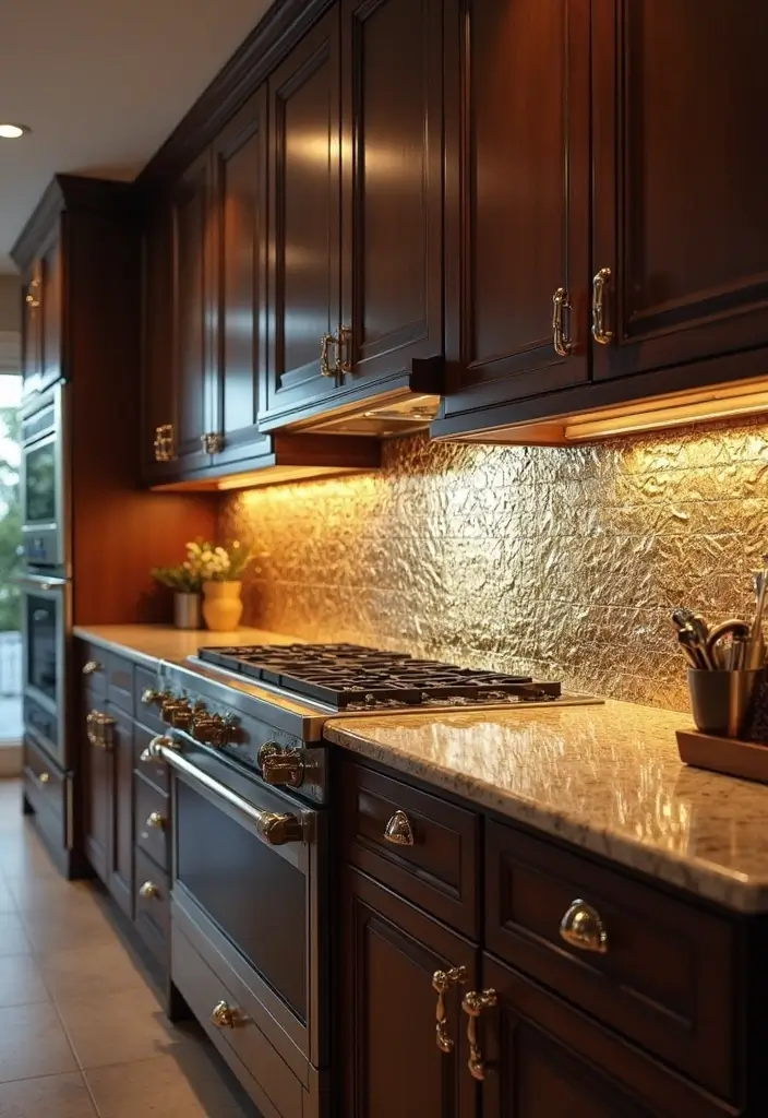 20 Stunning Kitchen Backsplash Ideas for Dark Wood Cabinets (You Won't Believe #9!) - 19. Shiny Metallic Tiles