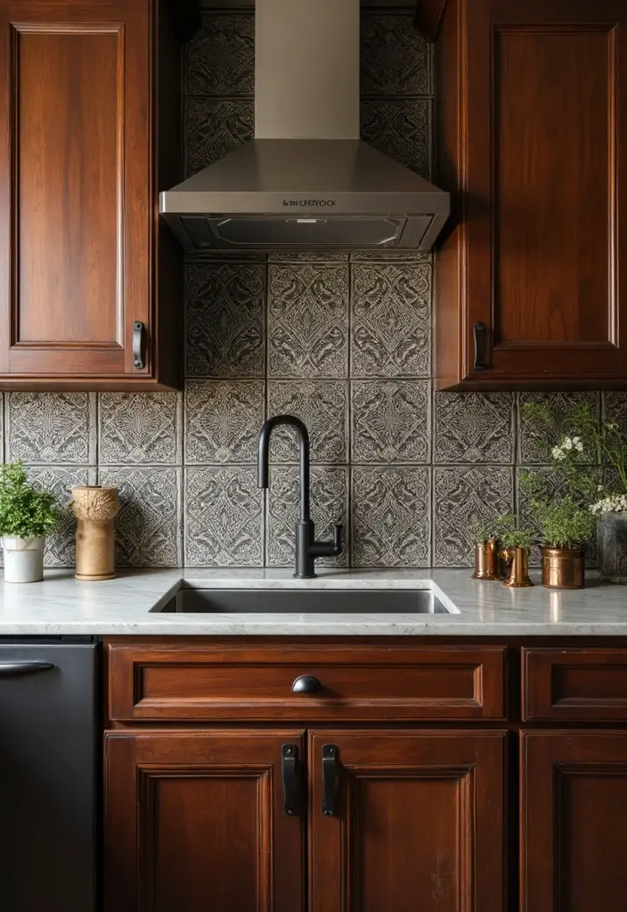 20 Stunning Kitchen Backsplash Ideas for Dark Wood Cabinets (You Won't Believe #9!) - 7. Vintage Tin Tiles