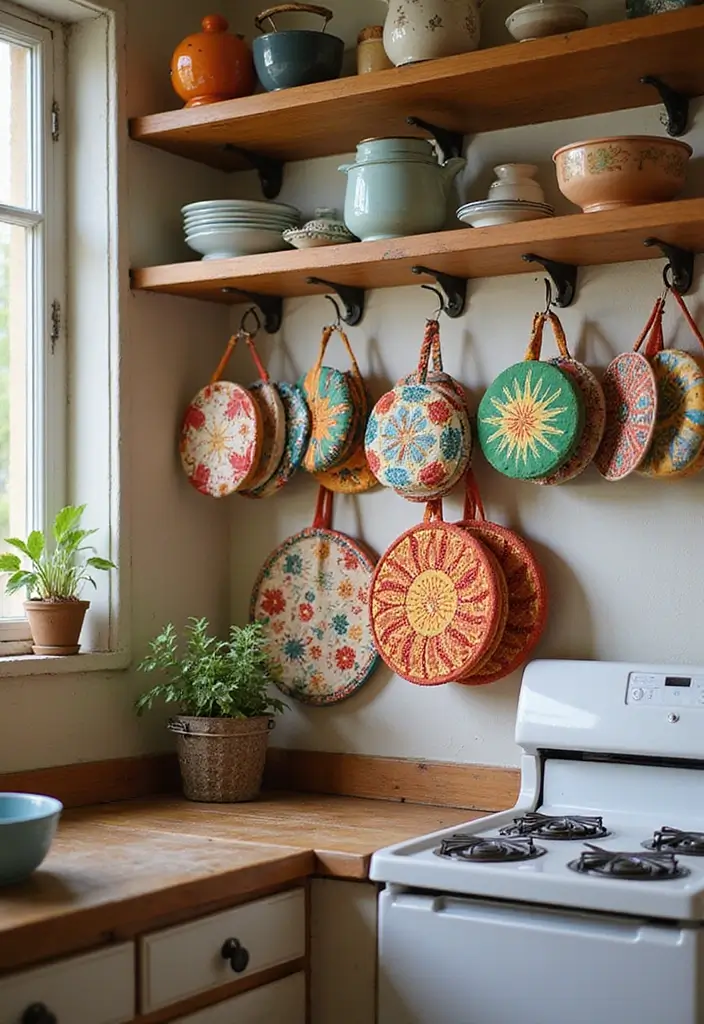 20 Vintage Kitchen Decor Ideas That Will Make You Want to Cook Every Day! - 19. Colorful Vintage Pot Holders