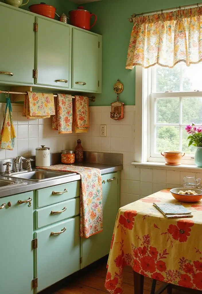 20 Vintage Kitchen Decor Ideas from the 1950s That'll Make You Say 'Take Me Back!' - 9. Colorful Kitchen Linens