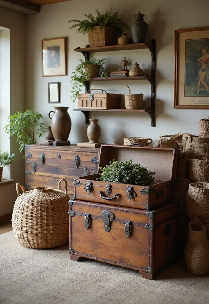 20 Warm Interior Design Ideas to Create Cozy Vintage Living Rooms You’ll Adore! - 19. Decorative Storage Solutions