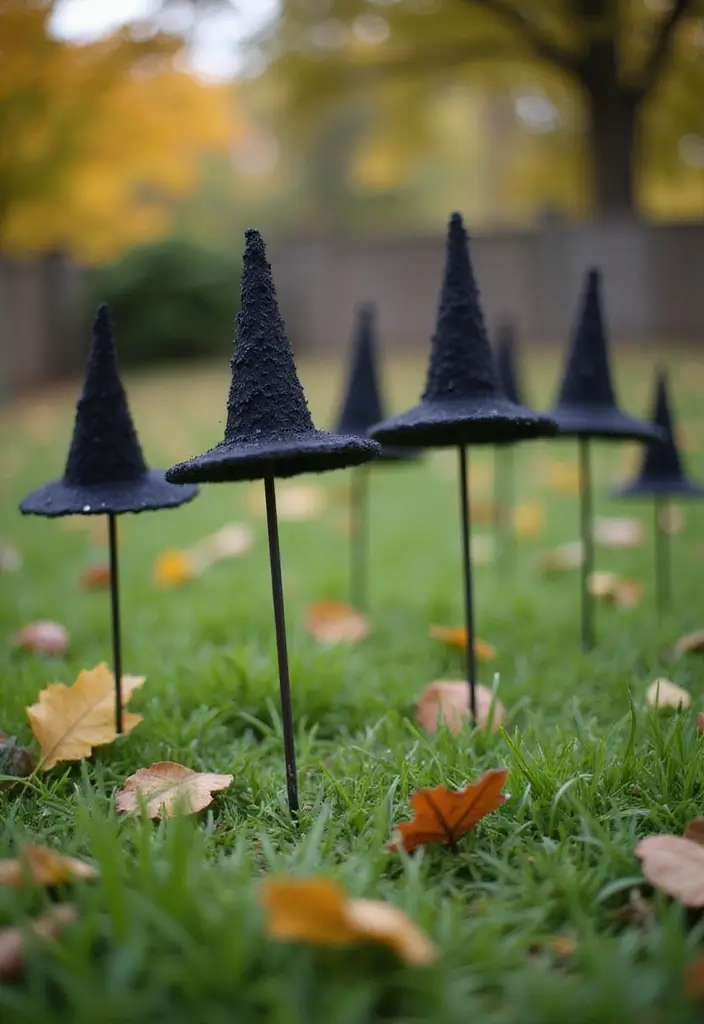24 DIY Outdoor Halloween Decorations Under $20 That Will Bewitch Your Neighbors! - 11. Witch Hat Yard Stakes
