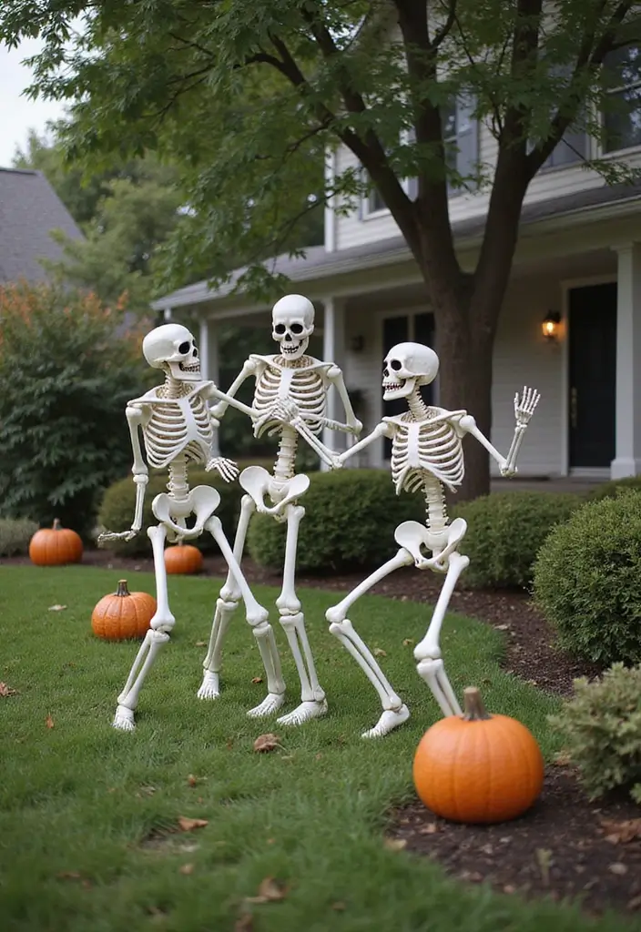 24 DIY Outdoor Halloween Decorations Under $20 That Will Bewitch Your Neighbors! - 14. Skeletons in the Yard