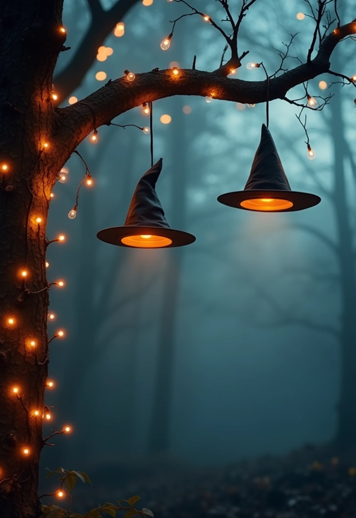 24 DIY Outdoor Halloween Decorations Under $20 That Will Bewitch Your Neighbors! - 18. Floating Witch Hats