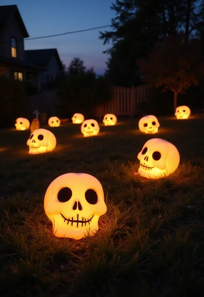 24 DIY Outdoor Halloween Decorations Under $20 That Will Bewitch Your Neighbors! - 24. Light-Up Skull Decorations