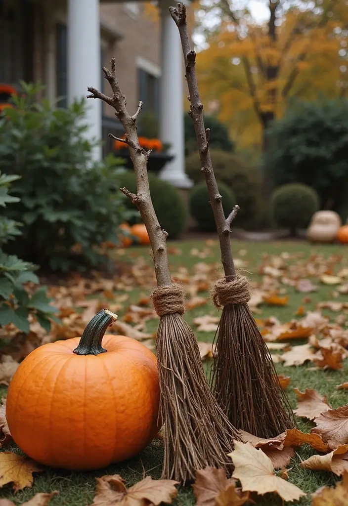 24 DIY Outdoor Halloween Decorations Under $20 That Will Bewitch Your Neighbors! - 5. Broomstick Brigade
