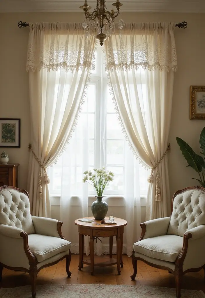 24 Living Room Curtains That Will Transform Your Space Into a Cozy Retreat! - 18. Vintage Lace Curtains