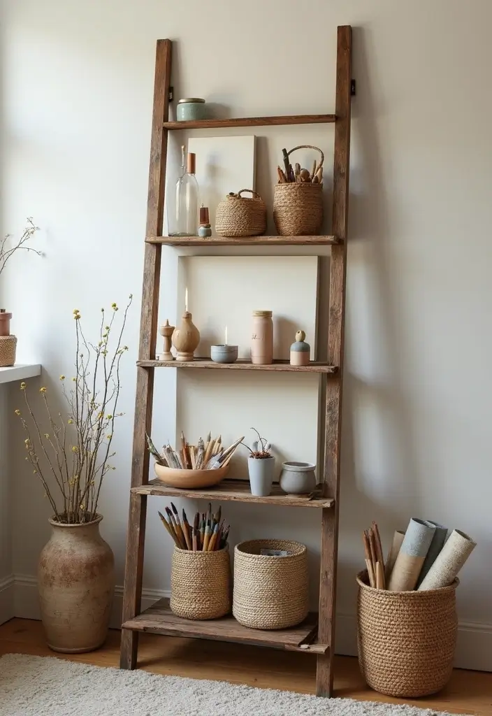 25 Artistic Storage Ideas That Will Transform Your Artist Bedroom Aesthetic! - 6. Creative Ladder Rack