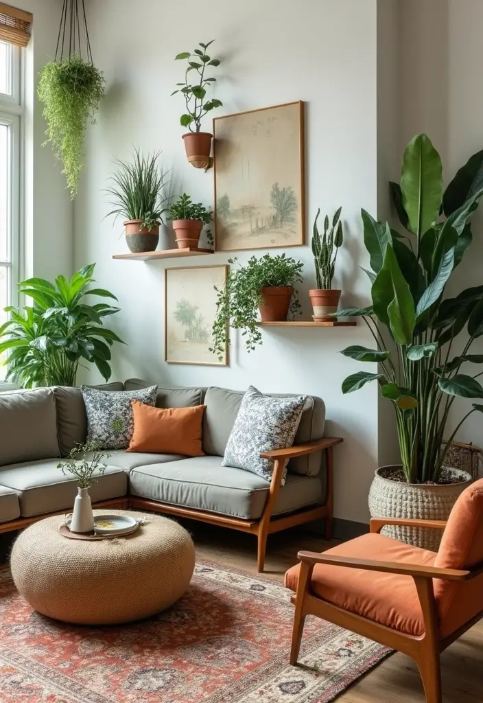 25 Boho Mid Century Modern Living Room Ideas You'll Want to Steal! - 19. Creative Uses for Plants