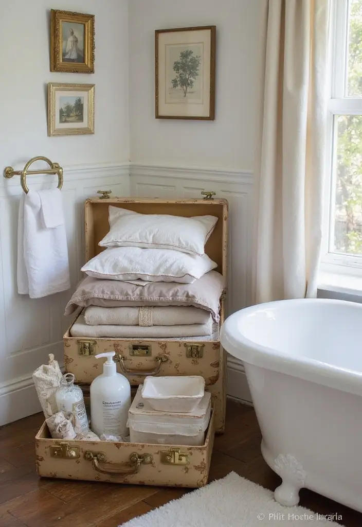 25 Brilliant Bathroom Storage Hacks to Maximize Space - 18. Use a Vintage Suitcase