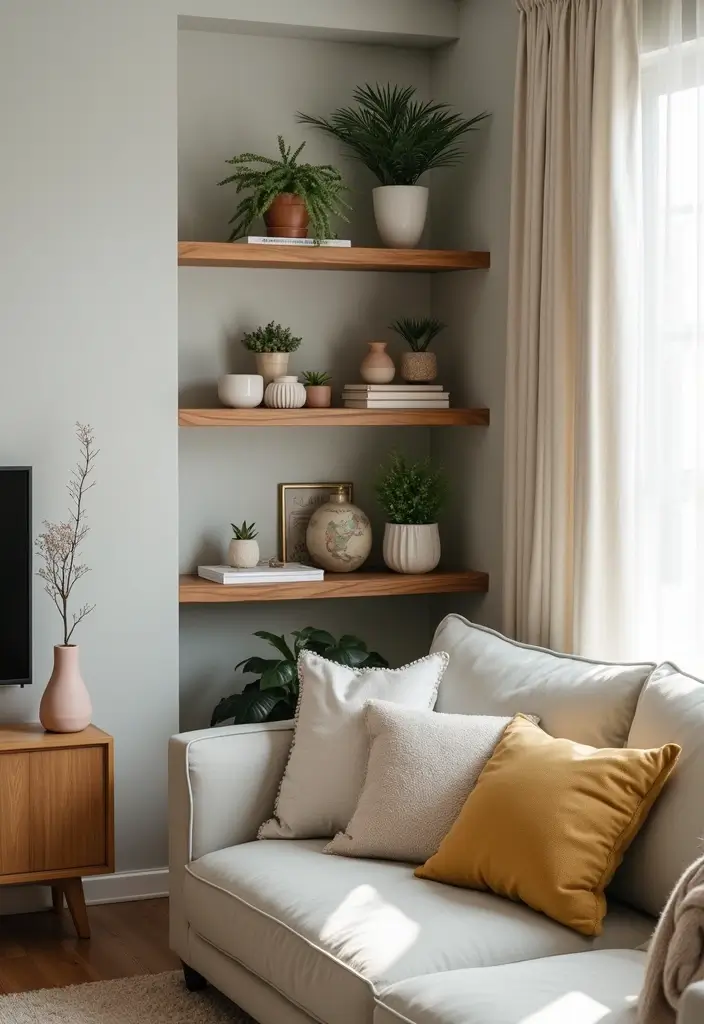 25 Genius Space-Saving Hacks for Your Living Room You’ll Wish You Knew Sooner! - 9. Utilize Corners with Corner Shelves