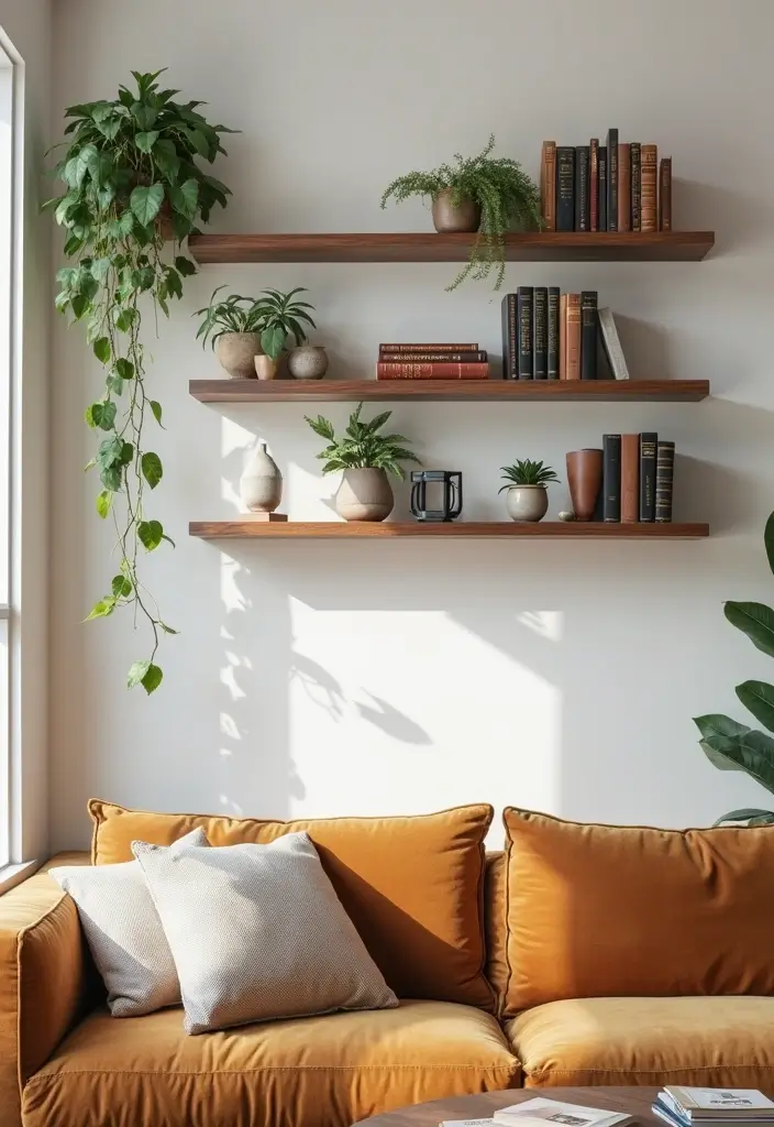 25 Mid Century Modern Living Room Ideas That Will Leave You Breathless! - 16. Floating Shelves