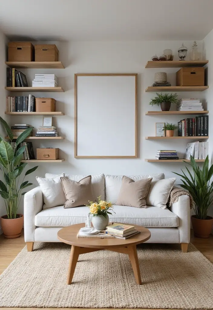 25 Modern Living Room Layouts That Make Small Spaces Feel Huge (You Won't Believe #5!) - 23. Open Shelving Design