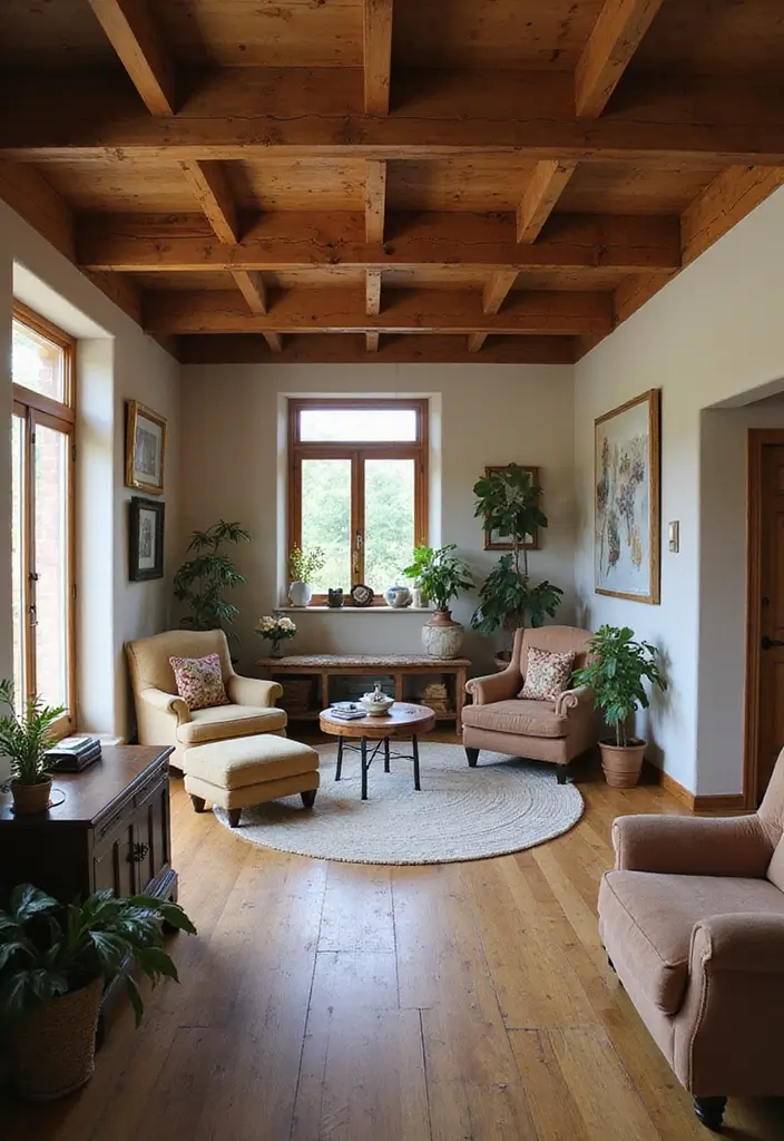 25 Rustic Home Decor Ideas That Will Make You Feel Like You’re in a Cozy Cabin! - 10. Wooden Beams and Ceiling Treatments