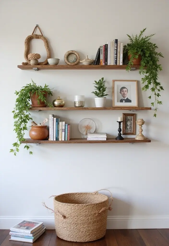 25 Rustic Home Decor Ideas That Will Make You Feel Like You’re in a Cozy Cabin! - 14. Wall-Mounted Shelves