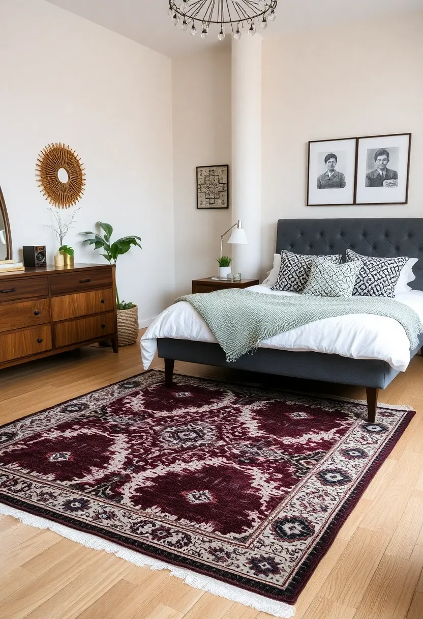 25 Small Bedroom Ideas for Couples That'll Make You Fall in Love Again! - 16. Statement Rugs