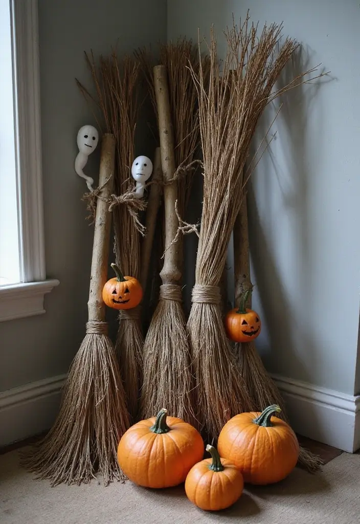 25 Spooktacular Indoor Halloween Decorations That Will Leave Your Guests Screaming for More! - 21. Broomstick Displays