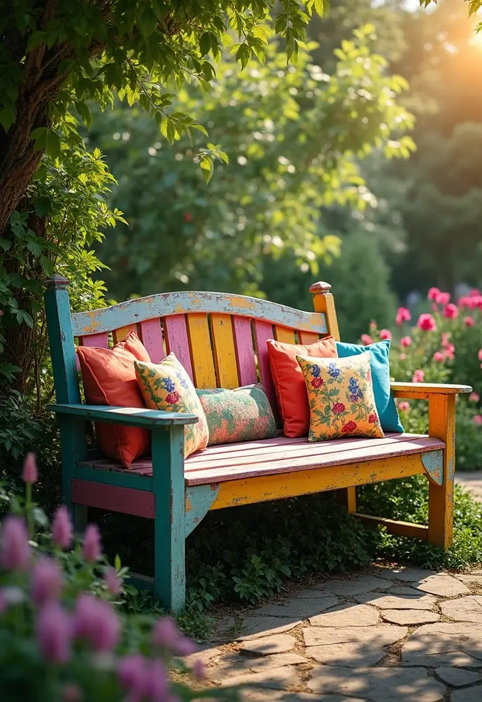 25 Stunning Garden Decor DIY Ideas That Will Leave Your Neighbors in Awe! - 12. DIY Painted Garden Bench