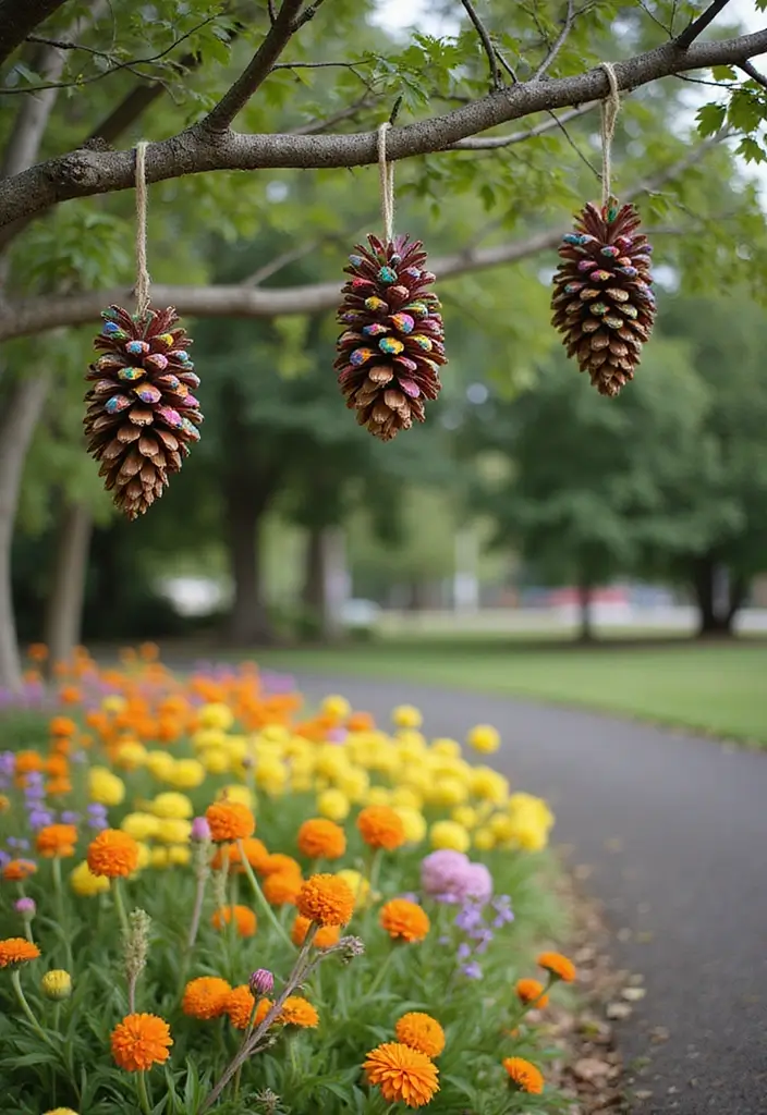 25 Stunning Garden Decor DIY Ideas That Will Leave Your Neighbors in Awe! - 22. Colorful Bird Feeders from Pine Cones