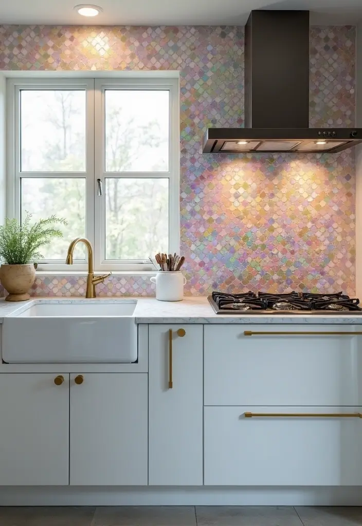 25 Stunning Kitchen Backsplash Ideas for White Cabinets That Will Leave You Speechless! - 15. Iridescent Tiles for a Touch of Glam