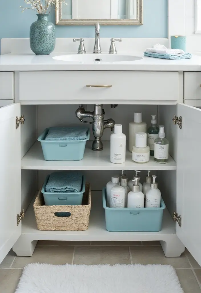 26 Bathroom Storage Ideas for Small Spaces That Will Maximize Your Under-Sink Area! - 1. Multi-Tiered Under-Sink Shelves