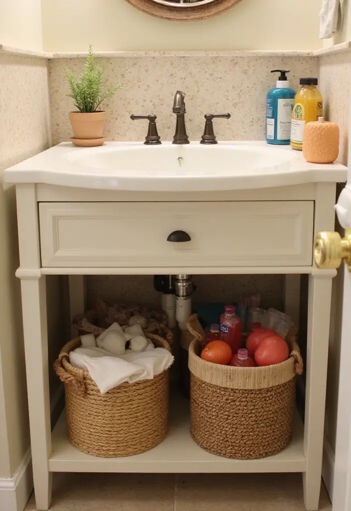 26 Bathroom Storage Ideas for Small Spaces That Will Maximize Your Under-Sink Area! - 12. Decorative Baskets