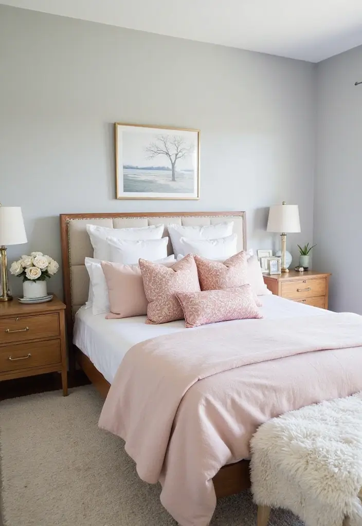 26 Cozy Guest Bedroom Ideas with Color Combos That'll Make Your Guests Never Want to Leave! - 1. Soft Gray and Blush Pink